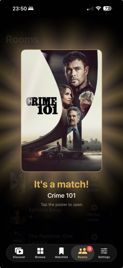 Movvie's It's a match! reveal with a golden burst behind the matched movie poster