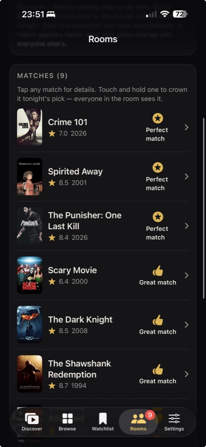 A Movvie Room's list of matched movies, ranked from perfect to great matches