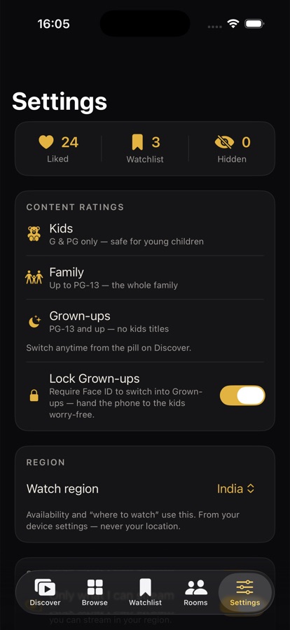Movvie's content rating modes — Kids, Family and Grown-ups with a Face ID lock