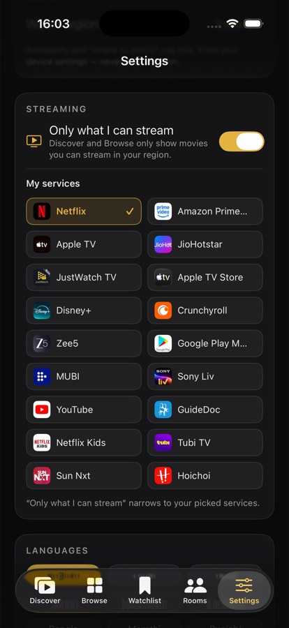 Choosing streaming services in Movvie so the feed only shows what you can stream